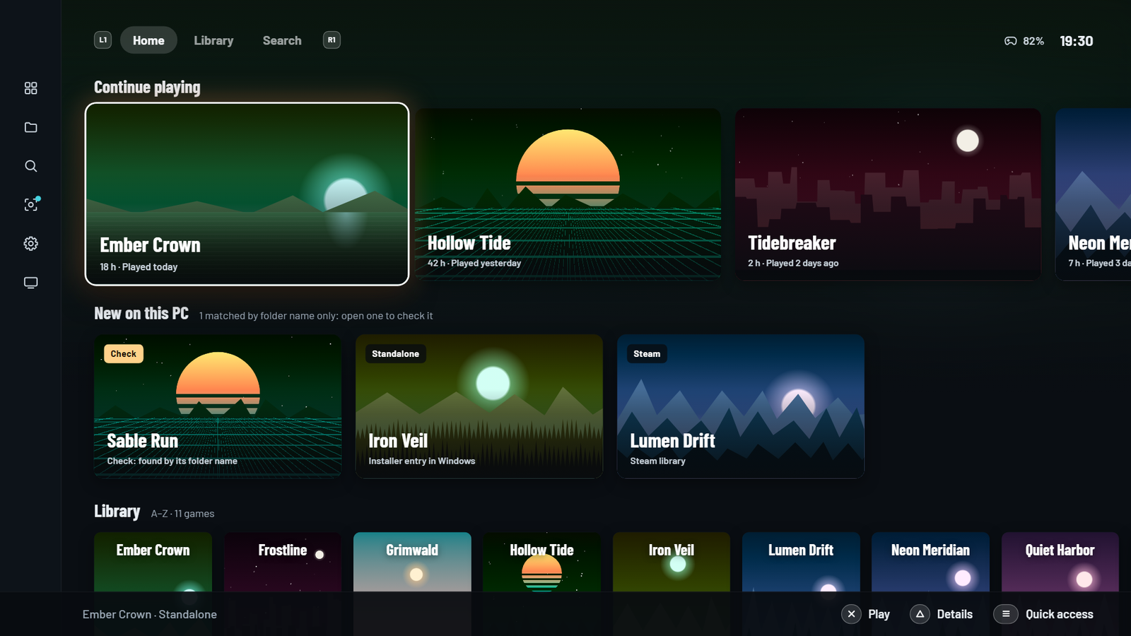 Seaglass big picture mode: a Continue playing row, new games found on this PC and the library, with controller button hints at the bottom