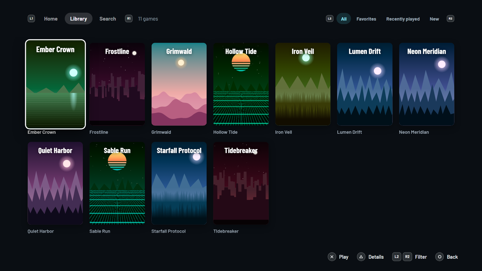 Seaglass big picture library: a grid of game covers navigated with a controller