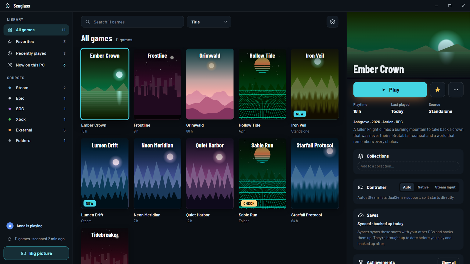 Seaglass desktop mode: a grid of game covers with sources in the sidebar and a details panel with Play, playtime, controller mode and save status