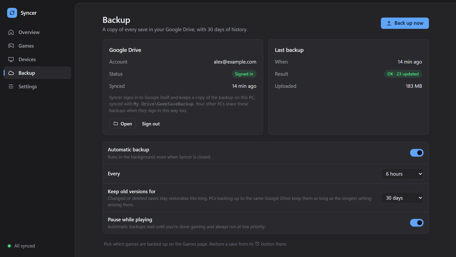 Syncer backup page: Google Drive account, last backup and backup schedule