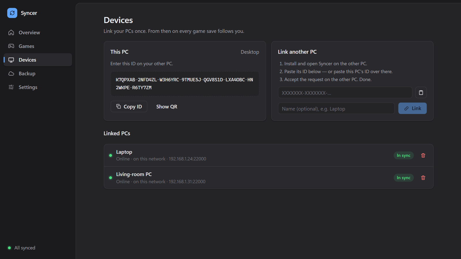 Syncer devices page: linked PCs and how each one is connected