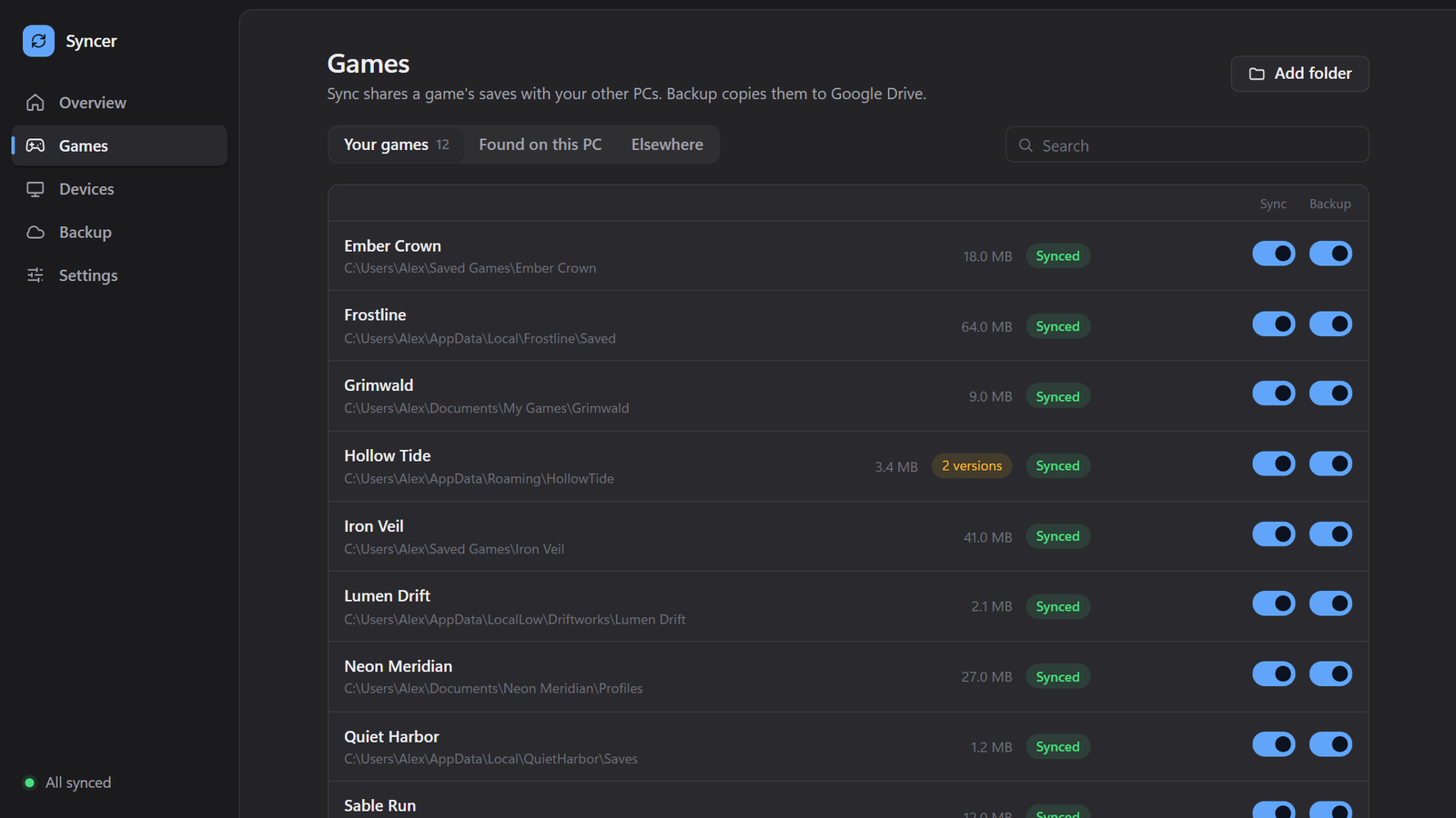 Syncer games list: each game with its save folder, size, sync state and Sync and Backup switches