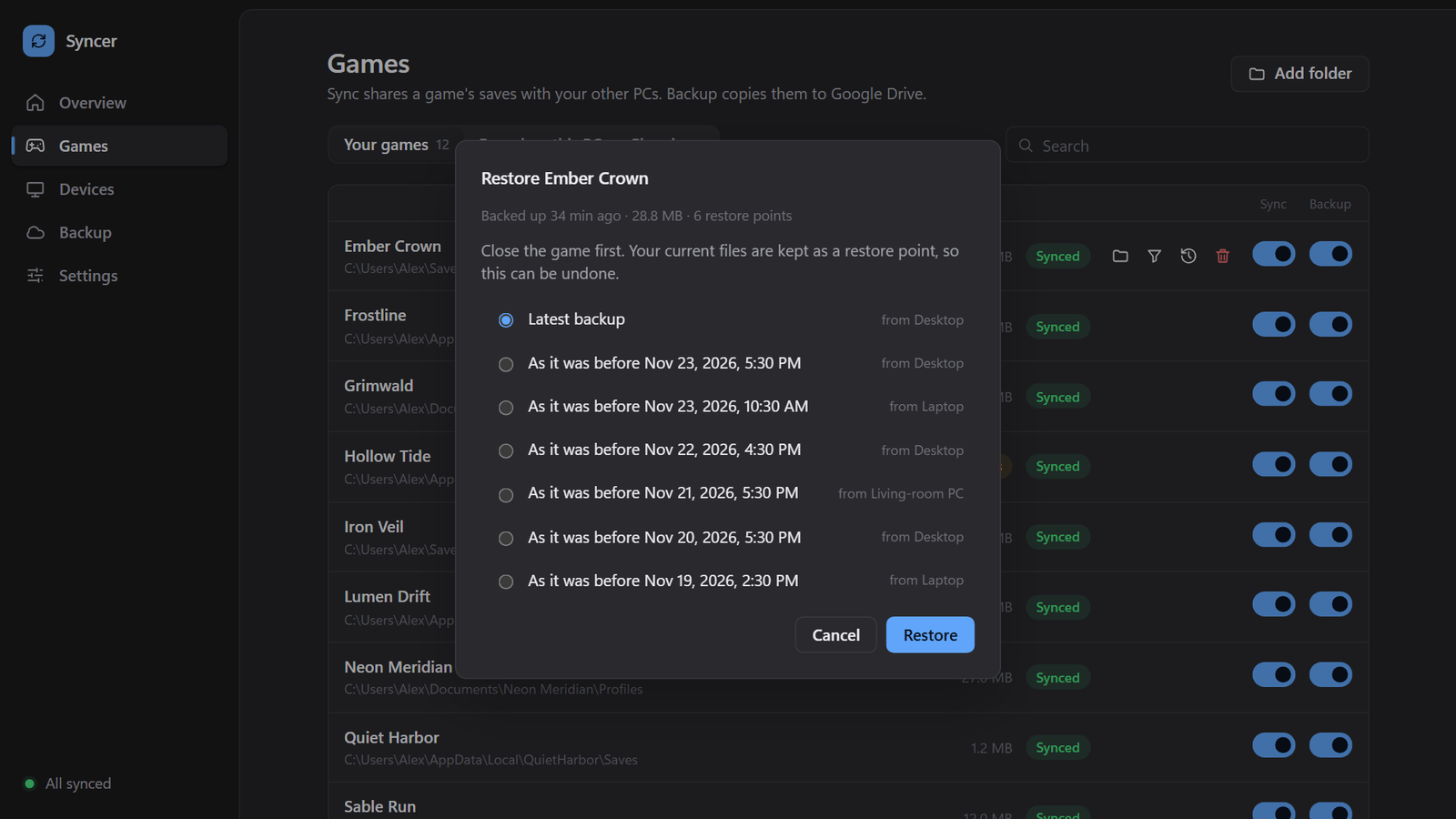 Syncer restore dialog listing restore points for a game, each with the PC it came from
